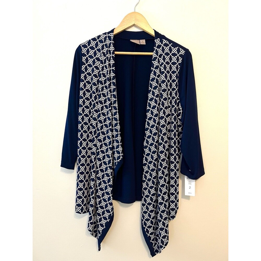 Easywear By Chico's Blue White Chain Link Pattern Drape Open Front Cardigan Sz 2